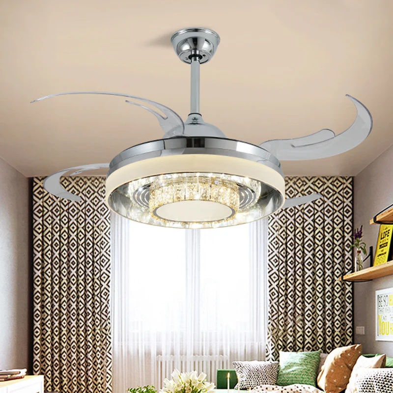 Ronde acryl hangende ventilatorlamp modernistische LED 42" W woonkamer semi-gemonteerde verlichting zilver met kristallen...