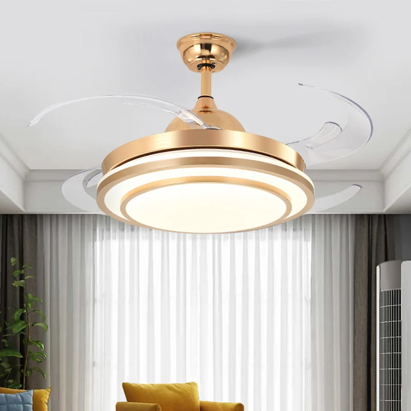 Ronde acryl semi-inbouw verlichting modernisme 48" brede LED slaapkamer hangende plafondventilatorlamp wit/goud, 4 bladen...