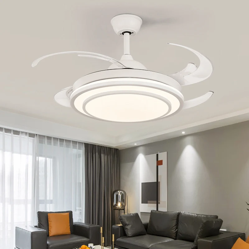 Ronde acryl semi-inbouw verlichting modernisme 48" brede LED slaapkamer hangende plafondventilatorlamp wit/goud, 4 bladen...