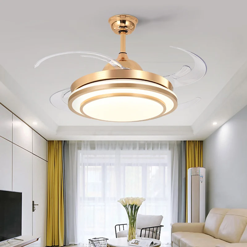 Ronde acryl semi-inbouw verlichting modernisme 48" brede LED slaapkamer hangende plafondventilatorlamp wit/goud, 4 bladen...