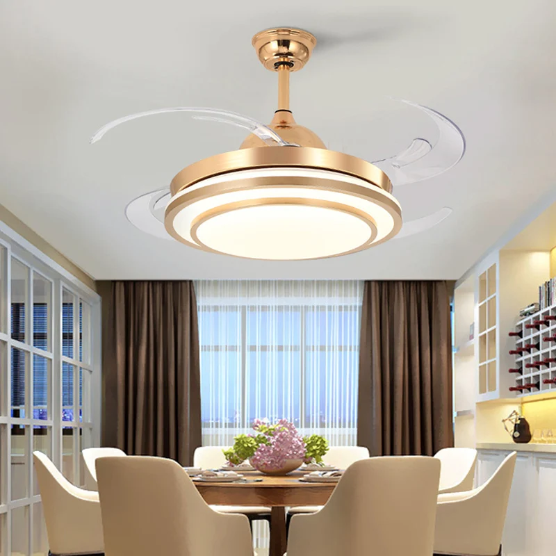 Ronde acryl semi-inbouw verlichting modernisme 48" brede LED slaapkamer hangende plafondventilatorlamp wit/goud, 4 bladen...