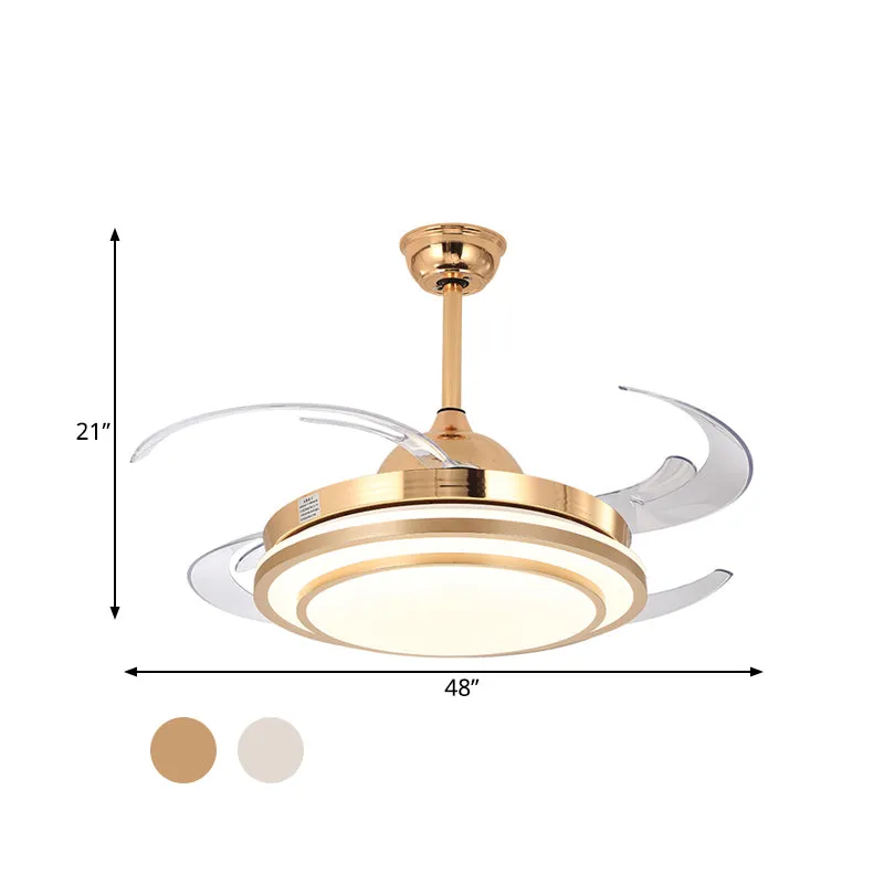Ronde acryl semi-inbouw verlichting modernisme 48" brede LED slaapkamer hangende plafondventilatorlamp wit/goud, 4 bladen...