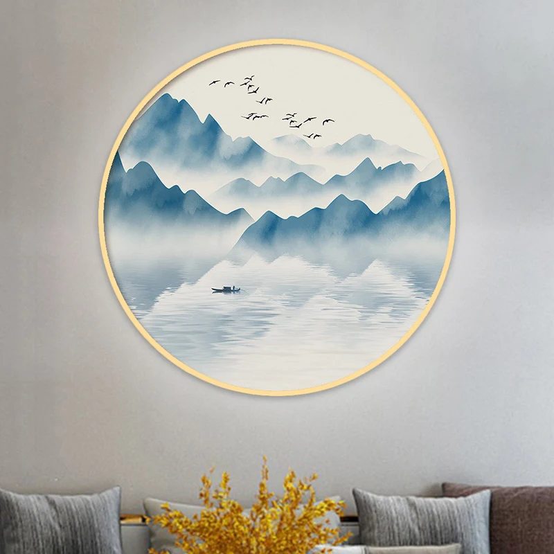 Ronde acryl wandkandelaar licht Aziatisch grijs/blauw Mountain River LED-muurschilderingverlichting warm/wit licht Clearhalo