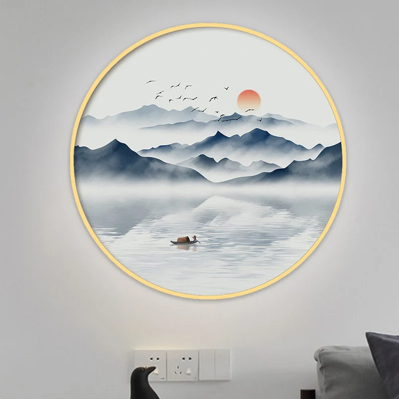 Ronde acryl wandkandelaar licht Aziatisch grijs/blauw Mountain River LED-muurschilderingverlichting warm/wit licht Clearhalo