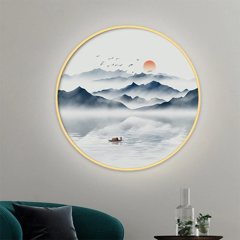 Ronde acryl wandkandelaar licht Aziatisch grijs/blauw Mountain River LED-muurschilderingverlichting warm/wit licht Clearhalo