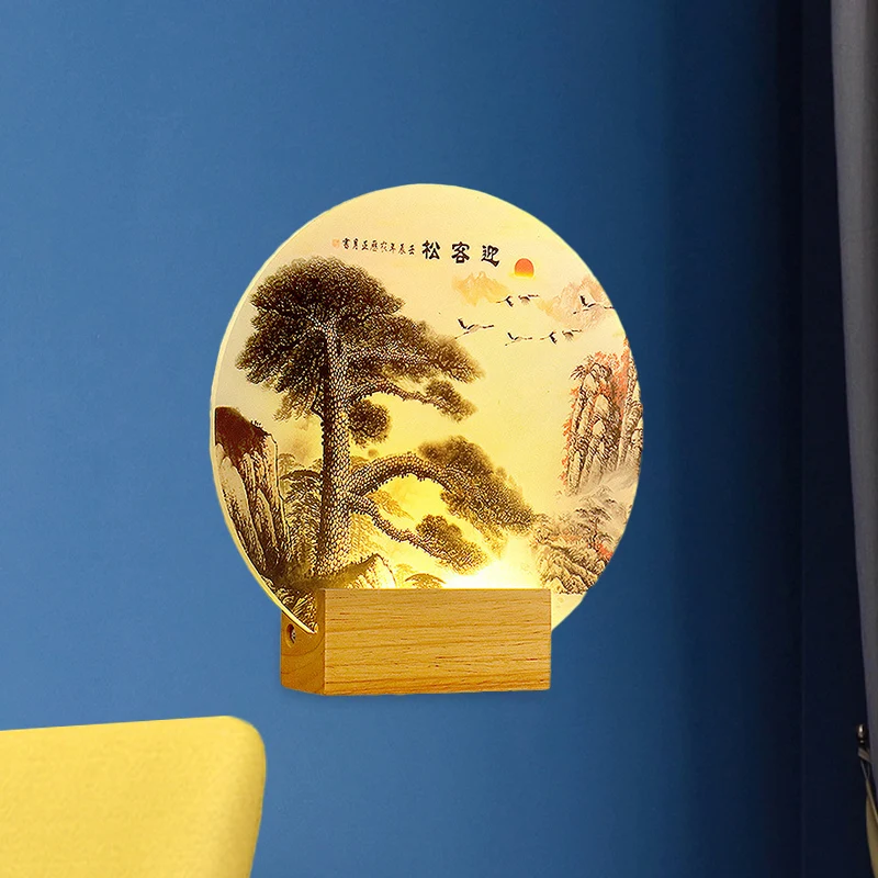 Ronde dennenboom en bergwandlamp oosterse stijl acryl LED houten wandlamp Clearhalo