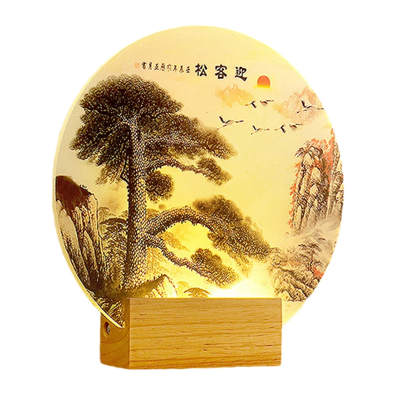 Ronde dennenboom en bergwandlamp oosterse stijl acryl LED houten wandlamp Clearhalo