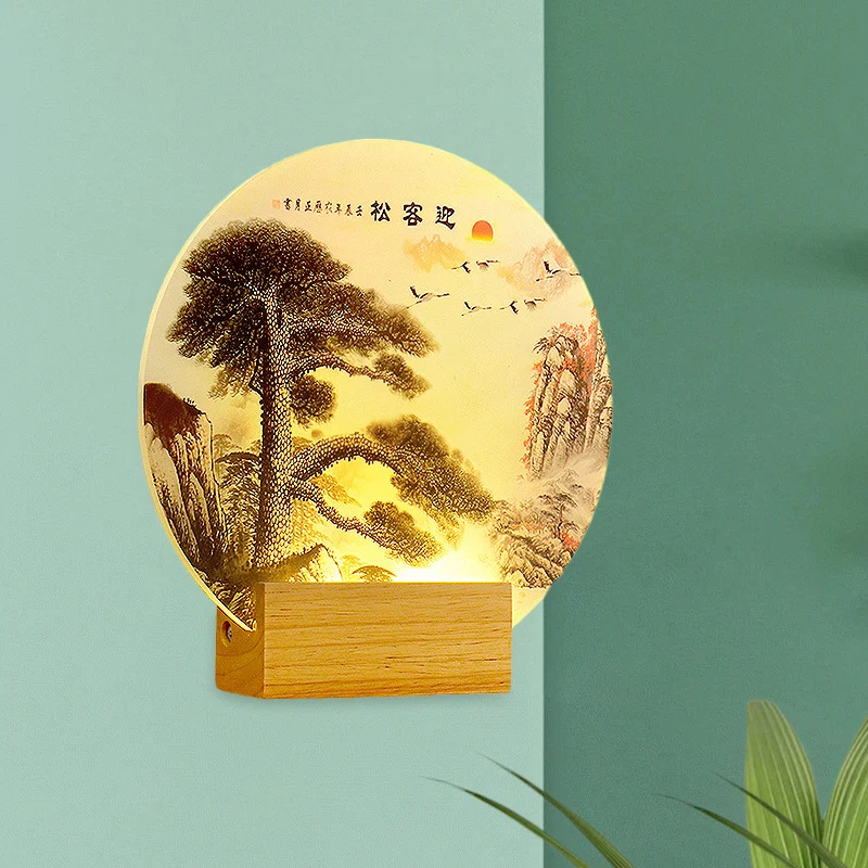 Ronde dennenboom en bergwandlamp oosterse stijl acryl LED houten wandlamp Clearhalo