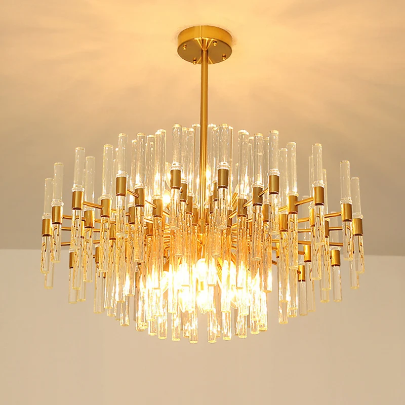 Ronde geribbelde heldere kristallen hangende plafondlamp postmoderne 8-lichts gouden kroonluchterlamp Clearhalo