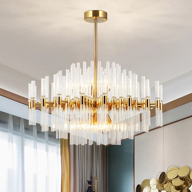 Ronde geribbelde heldere kristallen hangende plafondlamp postmoderne 8-lichts gouden kroonluchterlamp Clearhalo