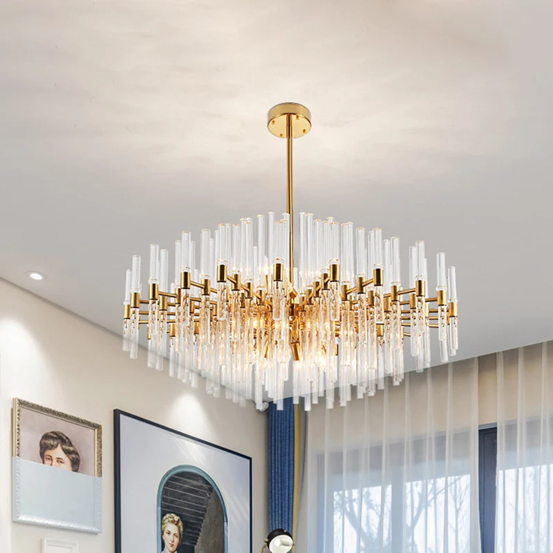 Ronde geribbelde heldere kristallen hangende plafondlamp postmoderne 8-lichts gouden kroonluchterlamp Clearhalo