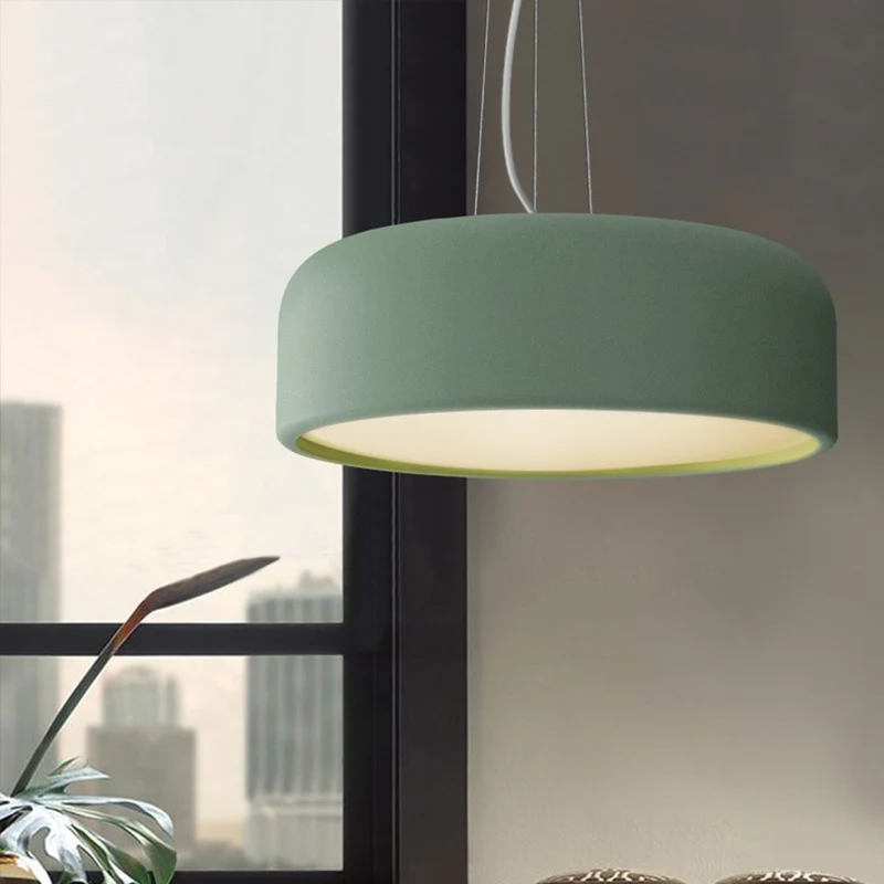 Ronde hangende aluminium hanglamp Macaron, groen/wit/blauw structuurplafondlamp met enkele lamp boven tafel Clearhalo