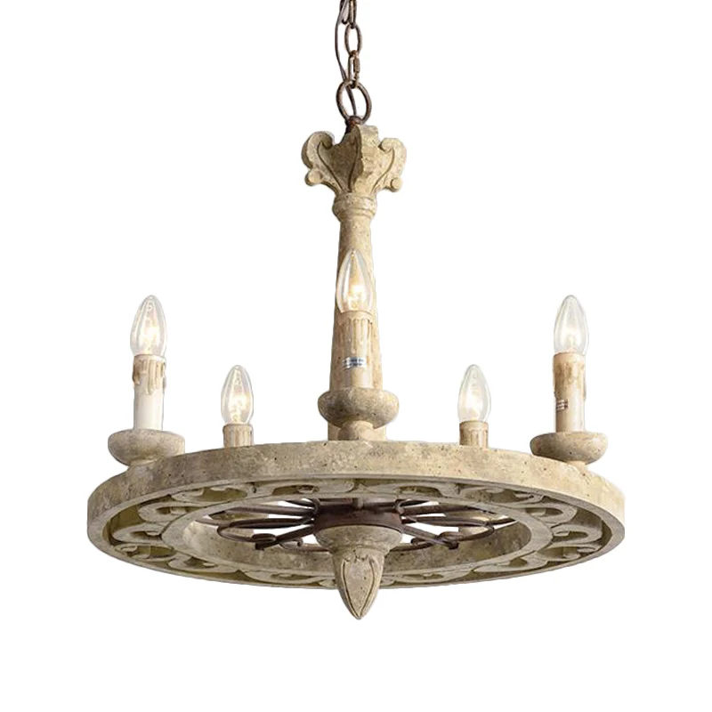 Ronde hangende kroonluchter Traditioneel hout 5/6 lampen Lichtbruine hanglamp voor woonkamer Clearhalo