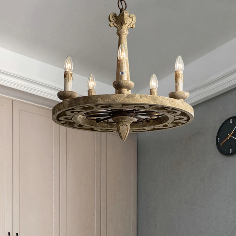 Ronde hangende kroonluchter Traditioneel hout 5/6 lampen Lichtbruine hanglamp voor woonkamer Clearhalo