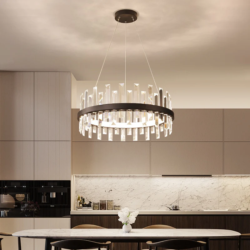 Ronde hangende plafondlamp Moderne rechthoekig gesneden kristallen zwart/witte LED-kroonluchterlamp warm licht, 23,5 "/31,...