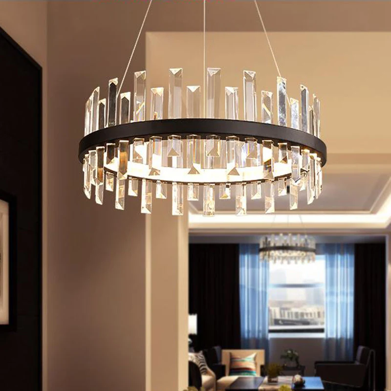 Ronde hangende plafondlamp Moderne rechthoekig gesneden kristallen zwart/witte LED-kroonluchterlamp warm licht, 23,5 "/31,...