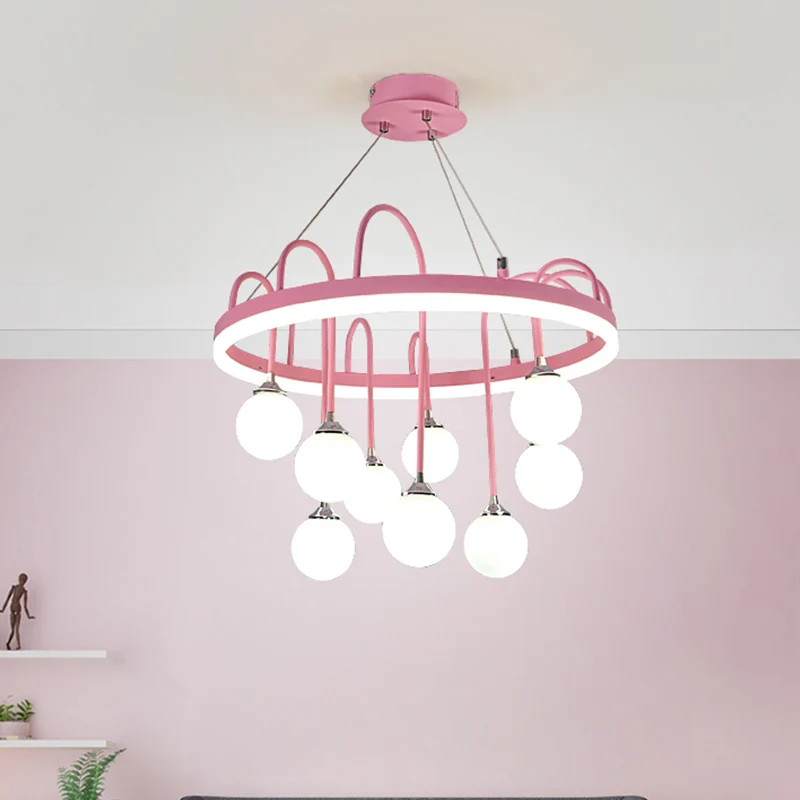 Ronde hanglamp kindermetaal 9-lichts roze kroonluchterverlichting met matglazen kap Clearhalo