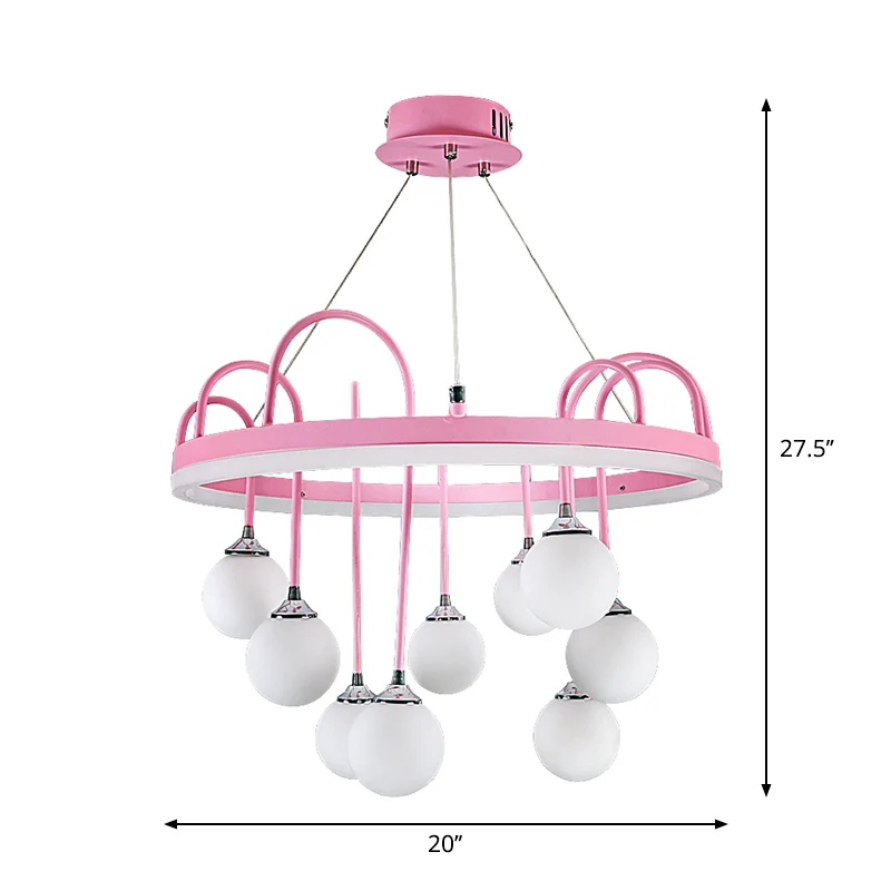 Ronde hanglamp kindermetaal 9-lichts roze kroonluchterverlichting met matglazen kap Clearhalo