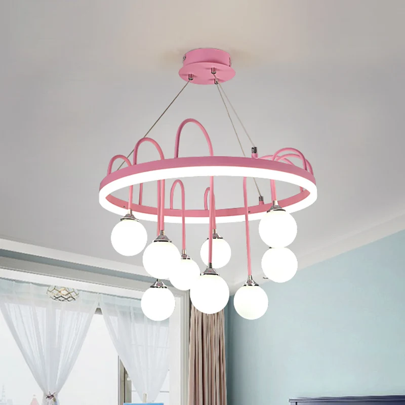 Ronde hanglamp kindermetaal 9-lichts roze kroonluchterverlichting met matglazen kap Clearhalo
