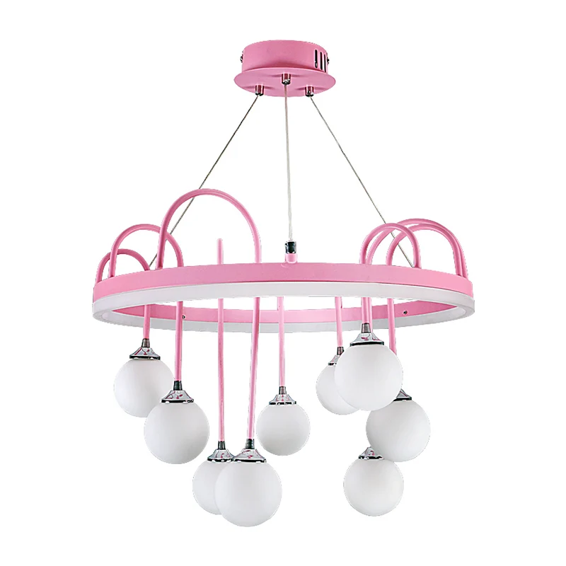 Ronde hanglamp kindermetaal 9-lichts roze kroonluchterverlichting met matglazen kap Clearhalo
