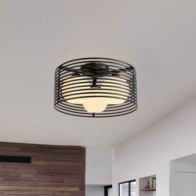 Ronde ijzeren kooi semi-inbouwlamp Nordic metaal 3 koppen zwart/wit slaapkamer plafond inbouw met bol glazen kap Clearhalo