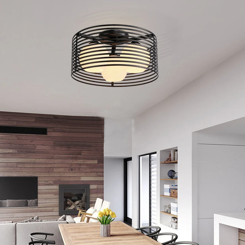 Ronde ijzeren kooi semi-inbouwlamp Nordic metaal 3 koppen zwart/wit slaapkamer plafond inbouw met bol glazen kap Clearhalo
