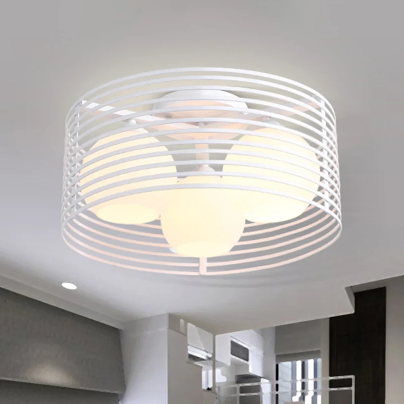 Ronde ijzeren kooi semi-inbouwlamp Nordic metaal 3 koppen zwart/wit slaapkamer plafond inbouw met bol glazen kap Clearhalo