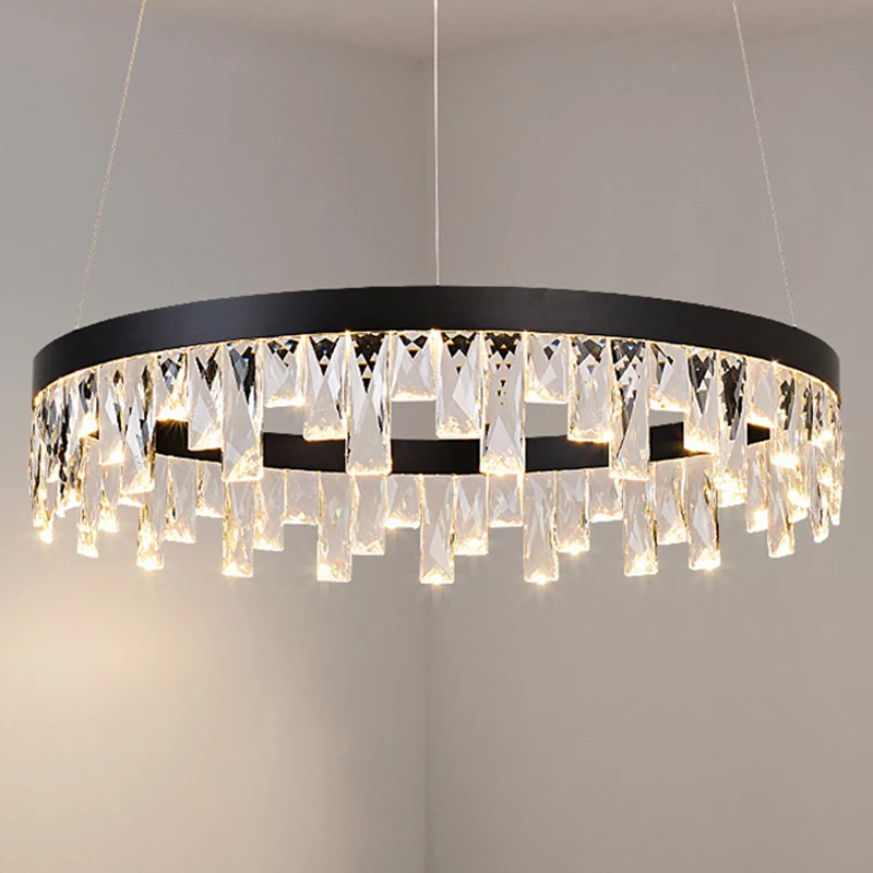 Ronde kristallen kroonluchter moderne 1/2/3-lichts zwarte LED-hanglamp voor restaurant Clearhalo