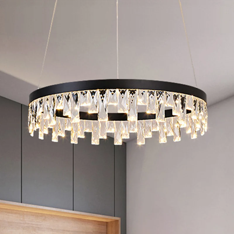 Ronde kristallen kroonluchter moderne 1/2/3-lichts zwarte LED-hanglamp voor restaurant Clearhalo