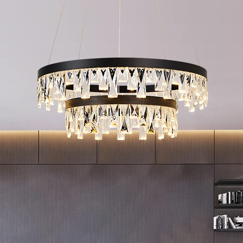 Ronde kristallen kroonluchter moderne 1/2/3-lichts zwarte LED-hanglamp voor restaurant Clearhalo