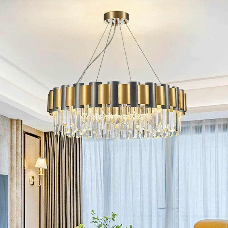 Ronde kristallen prisma hanglamp Eenvoud Gouden en zwarte kroonluchter hanglamp Clearhalo