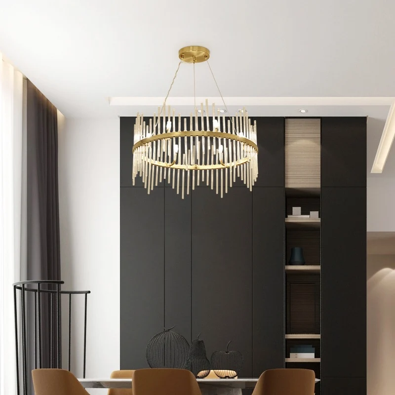 Ronde kroonluchter hanglamp moderne kristallen staaf 6/8 lampen messing hanglampset voor woonkamer Clearhalo