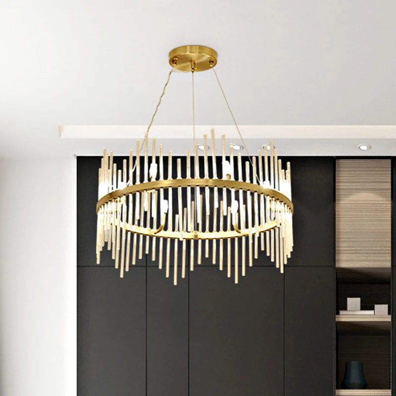 Ronde kroonluchter hanglamp moderne kristallen staaf 6/8 lampen messing hanglampset voor woonkamer Clearhalo