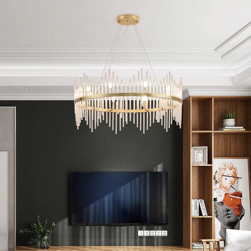 Ronde kroonluchter hanglamp moderne kristallen staaf 6/8 lampen messing hanglampset voor woonkamer Clearhalo