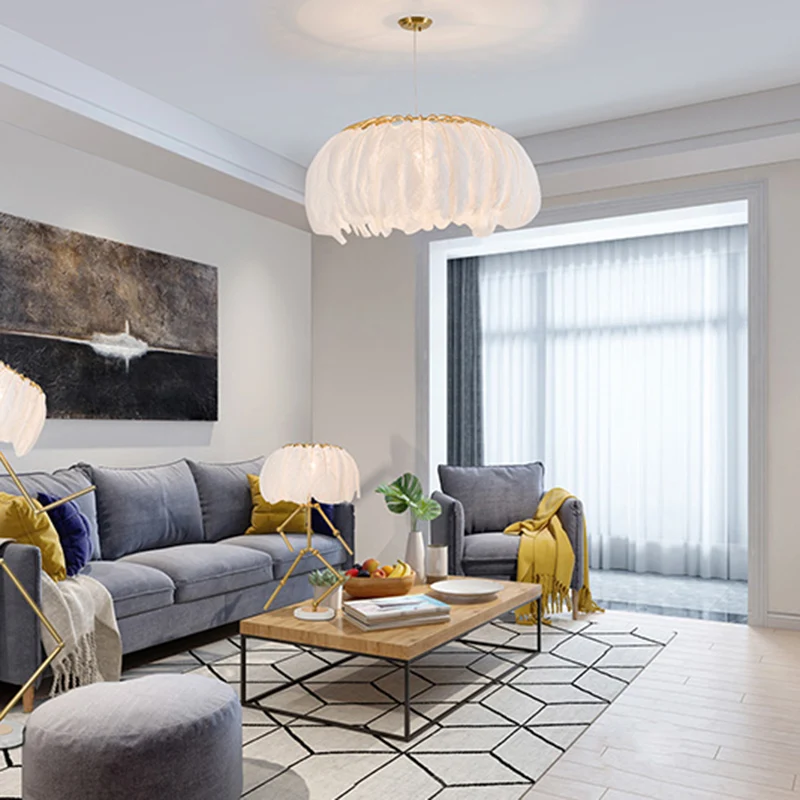 Ronde kroonluchter Nordic Feather slaapkamer plafond hanglamp met Firefly LED-snaar Clearhalo