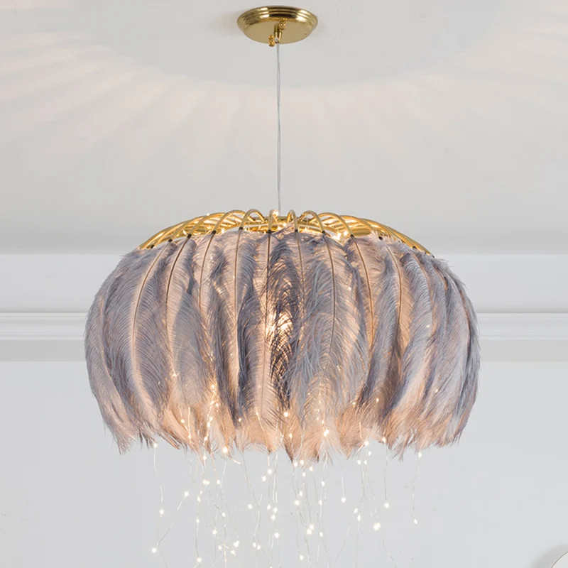 Ronde kroonluchter Nordic Feather slaapkamer plafond hanglamp met Firefly LED-snaar Clearhalo