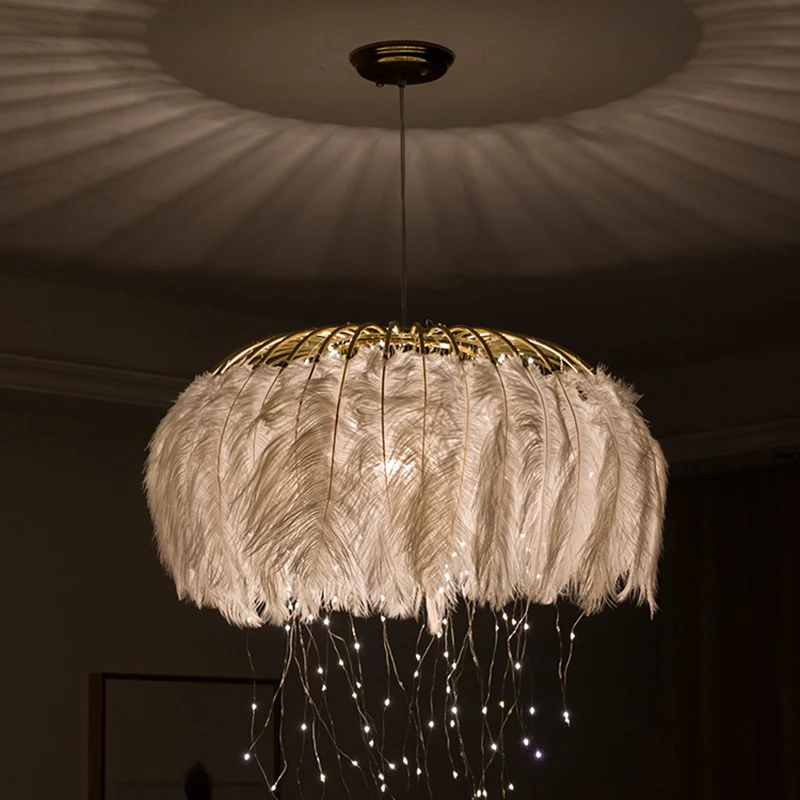 Ronde kroonluchter Nordic Feather slaapkamer plafond hanglamp met Firefly LED-snaar Clearhalo
