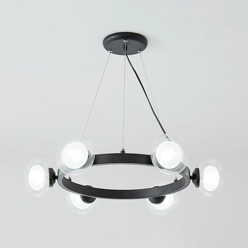 Ronde kroonluchterlamp van helder glas met cirkelringontwerp Eigentijds 6/8-lichts led-hanglampset zwart Clearhalo