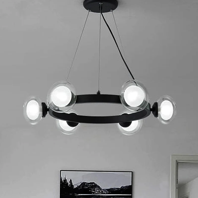 Ronde kroonluchterlamp van helder glas met cirkelringontwerp Eigentijds 6/8-lichts led-hanglampset zwart Clearhalo