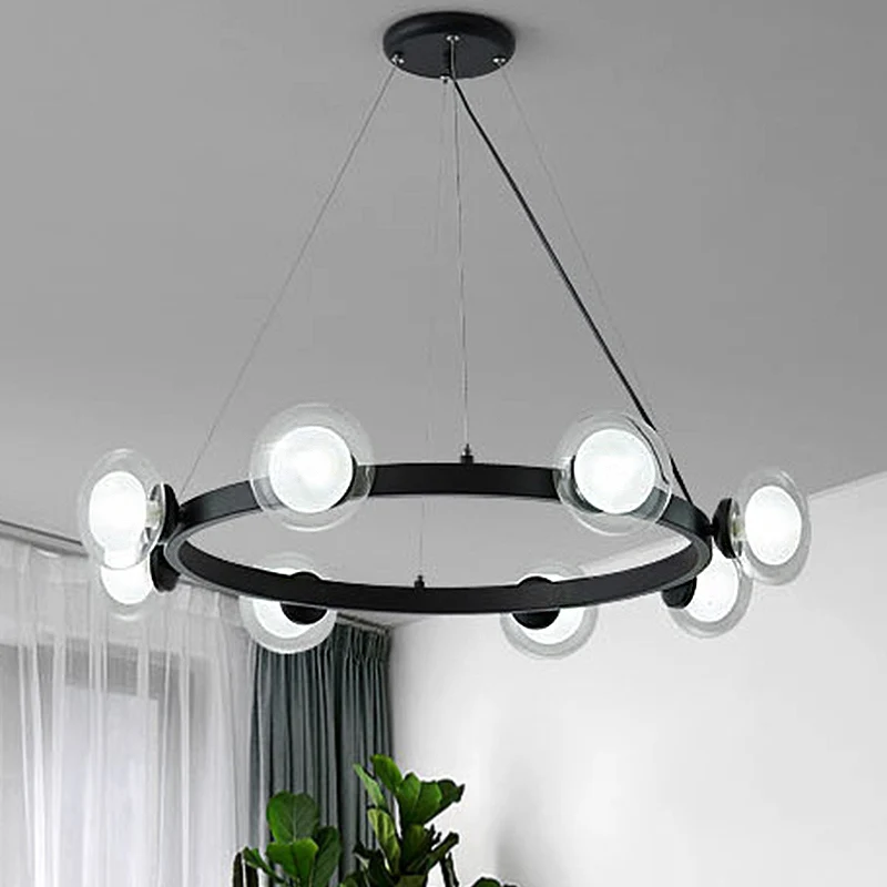 Ronde kroonluchterlamp van helder glas met cirkelringontwerp Eigentijds 6/8-lichts led-hanglampset zwart Clearhalo