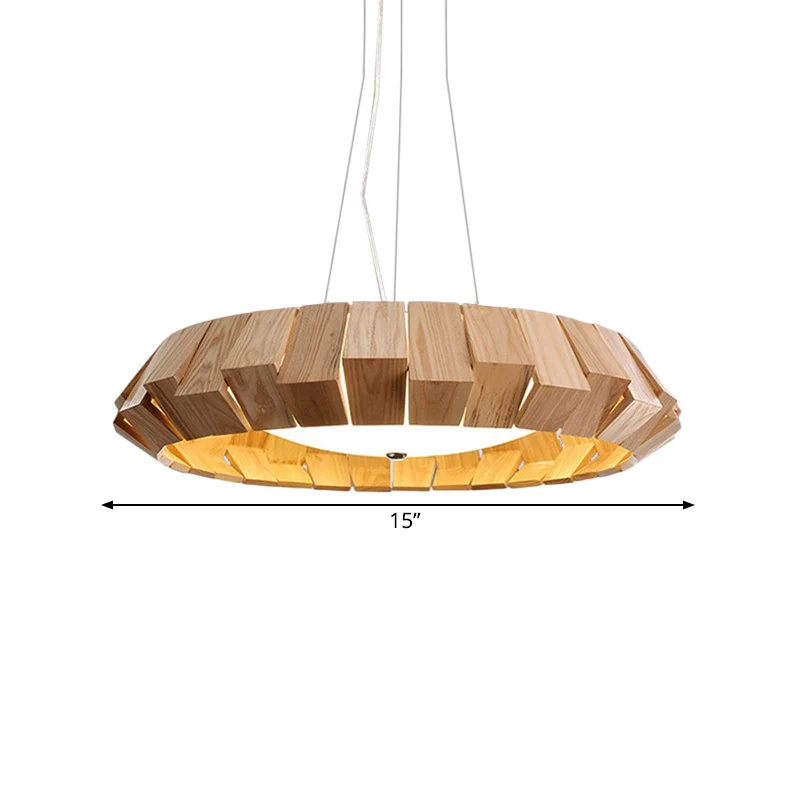 Ronde LED-hanglamp met gebogen rand, Aziatische stijl, natuurlijk hout, hanglamp voor lounge met melkglas diffuser Clearhalo