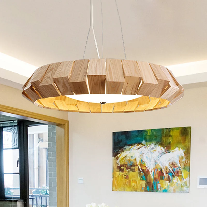 Ronde LED-hanglamp met gebogen rand, Aziatische stijl, natuurlijk hout, hanglamp voor lounge met melkglas diffuser Clearhalo