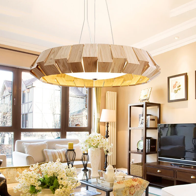 Ronde LED-hanglamp met gebogen rand, Aziatische stijl, natuurlijk hout, hanglamp voor lounge met melkglas diffuser Clearhalo