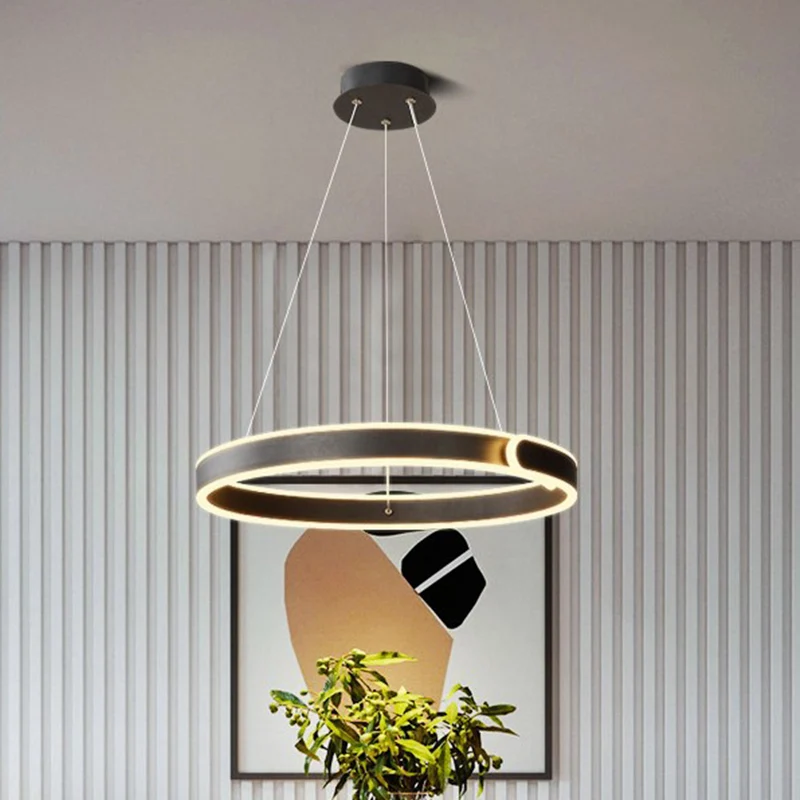 Ronde LED-kroonluchter, lichte eenvoud, acryl eettafel, ophanging, hanger zwart, diameter 16"/19,5" Clearhalo