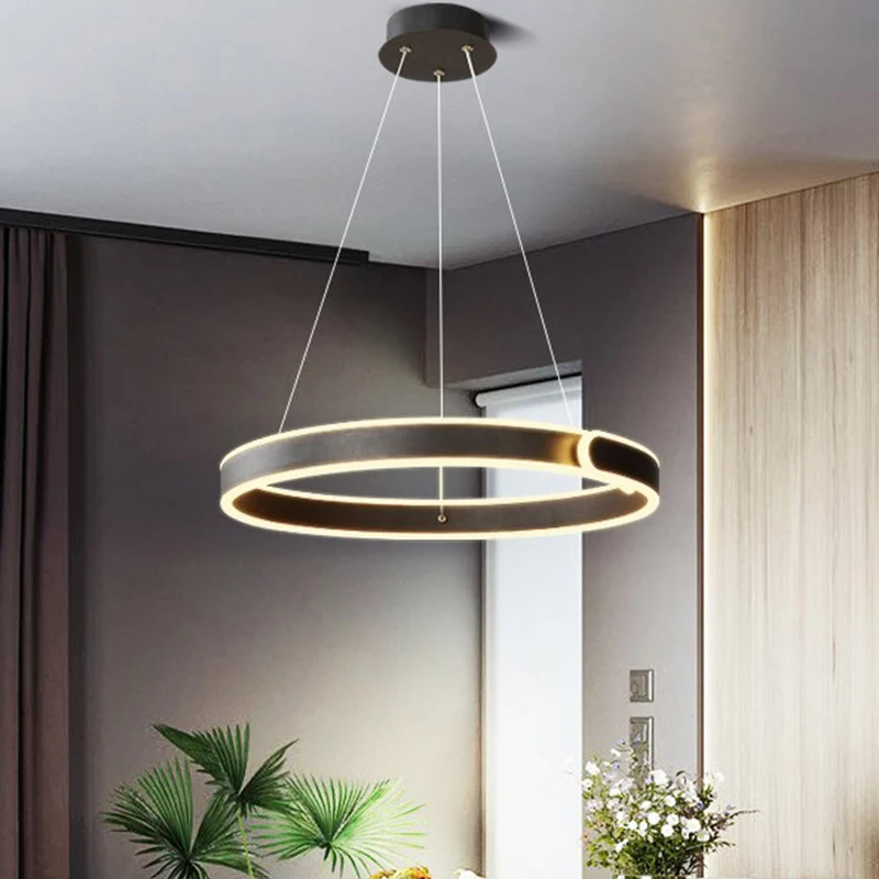 Ronde LED-kroonluchter, lichte eenvoud, acryl eettafel, ophanging, hanger zwart, diameter 16"/19,5" Clearhalo