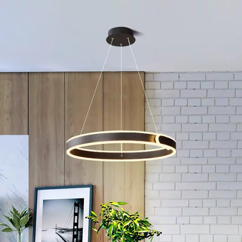 Ronde LED-kroonluchter, lichte eenvoud, acryl eettafel, ophanging, hanger zwart, diameter 16"/19,5" Clearhalo