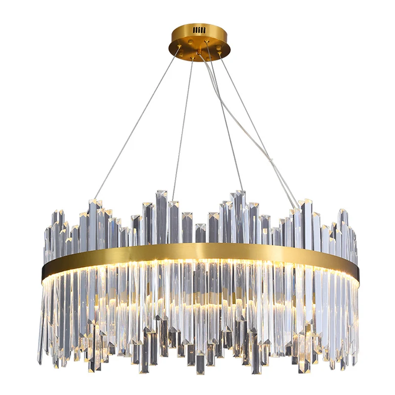 Ronde LED-kroonluchter met golvende afwerking, modern goud, 3-zijdig kristallen prisma, hangend plafondlicht, diameter 23,...