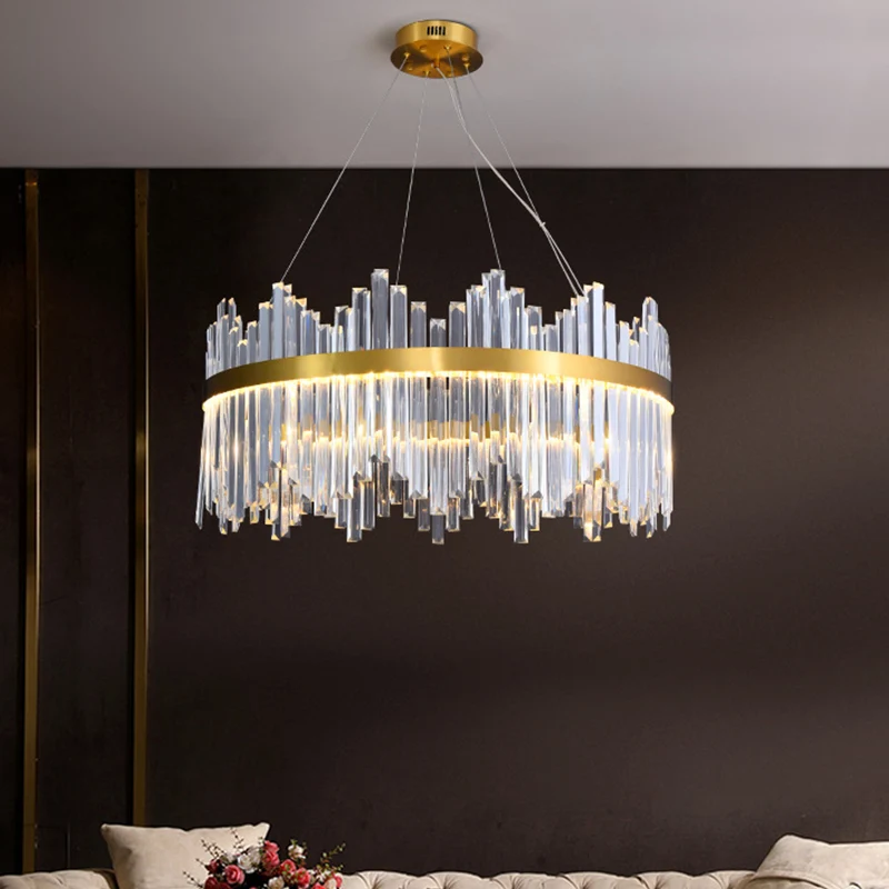 Ronde LED-kroonluchter met golvende afwerking, modern goud, 3-zijdig kristallen prisma, hangend plafondlicht, diameter 23,...
