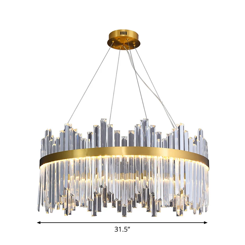 Ronde LED-kroonluchter met golvende afwerking, modern goud, 3-zijdig kristallen prisma, hangend plafondlicht, diameter 23,...