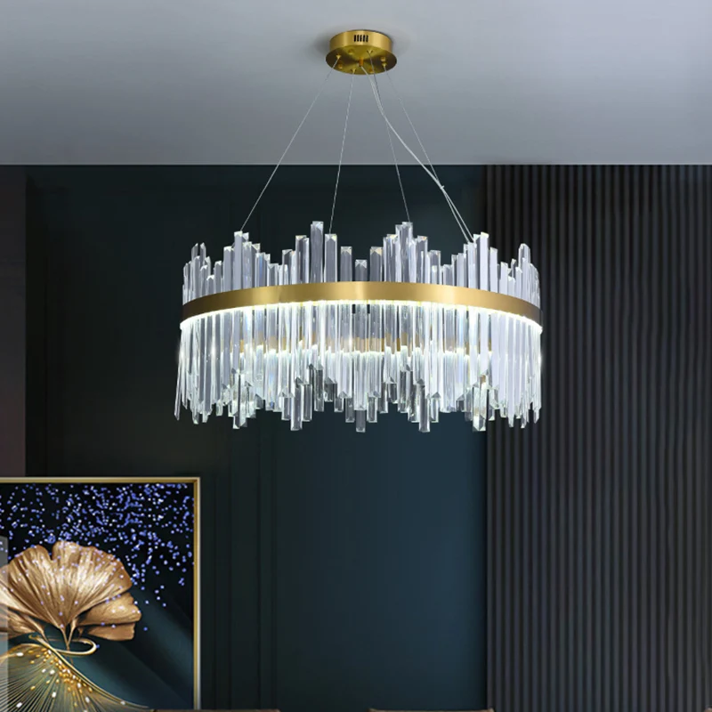 Ronde LED-kroonluchter met golvende afwerking, modern goud, 3-zijdig kristallen prisma, hangend plafondlicht, diameter 23,...